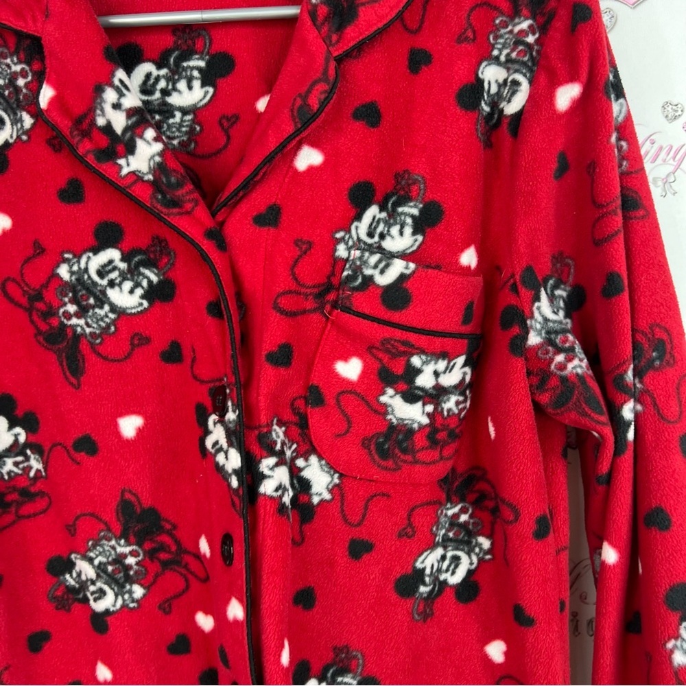 Disney button up fleece hearts love soft Red Pajama Top with Mickey and Minnie - Picture 5 of 10